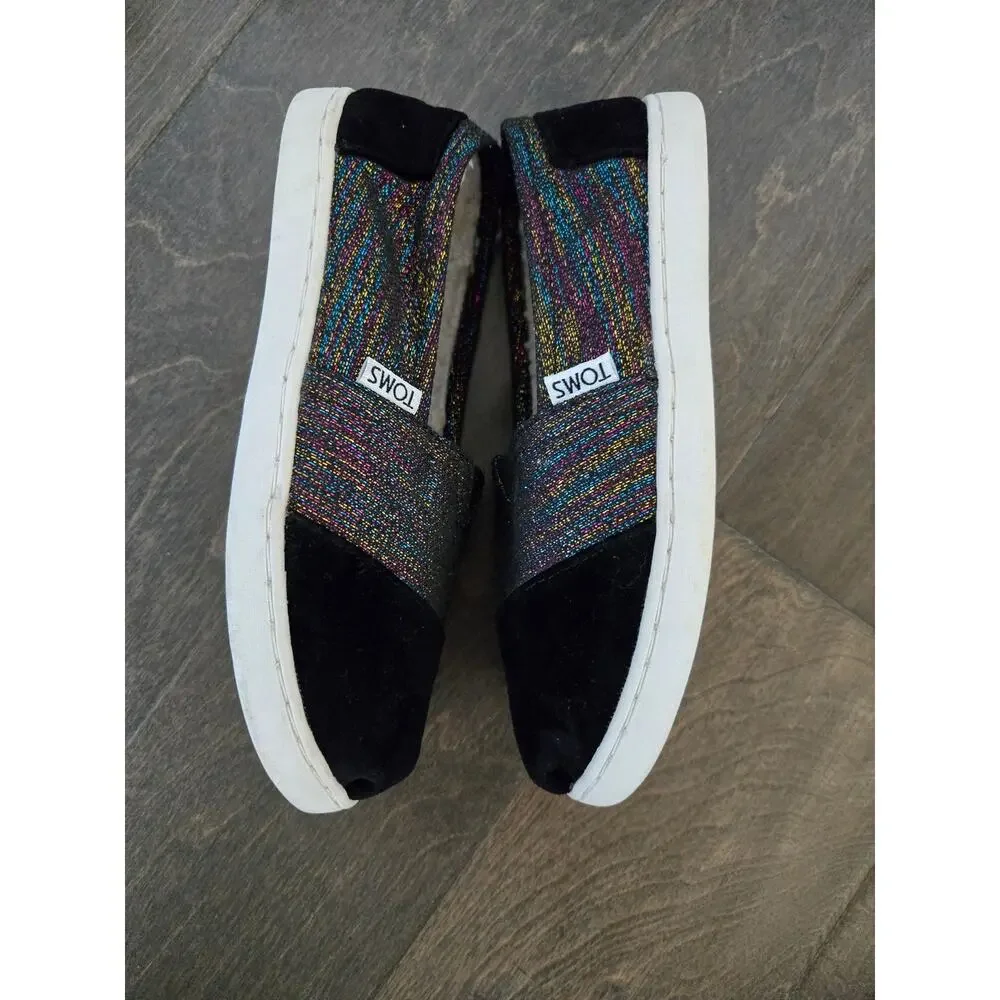 TOMS Classics Metallic Velvet Flats Girls Black Size 2